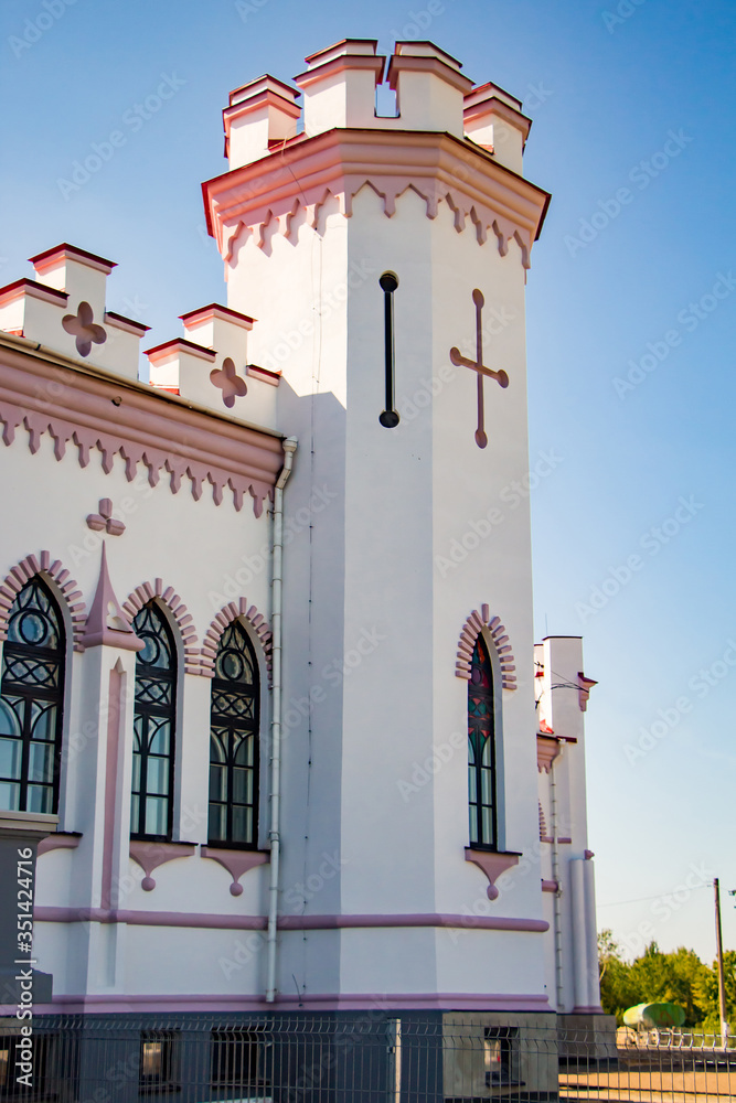 Exterior details of a medieval castle. Beautiful facade of the palace in Kossovo, Brest region, Belarus.