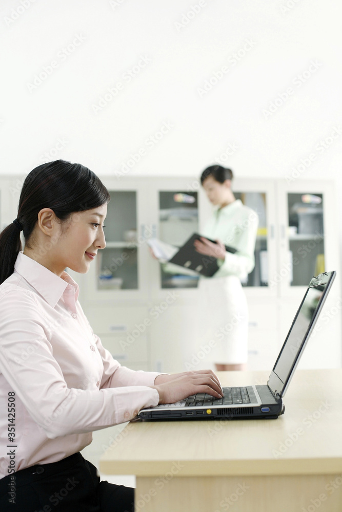 Businesswoman using laptop, colleague reading document in the background