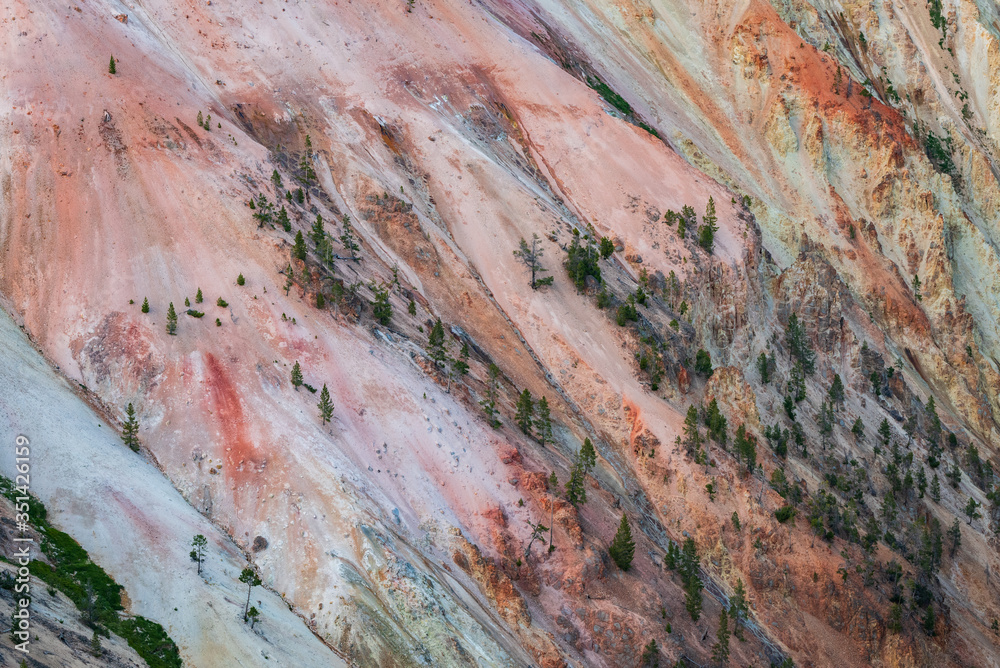 Colorful rock texture on the wall of  Grand Canyon of Yellowstone, Yellowstone National Park, Wyoming. Abstract  nature landscape, up close rock texture.