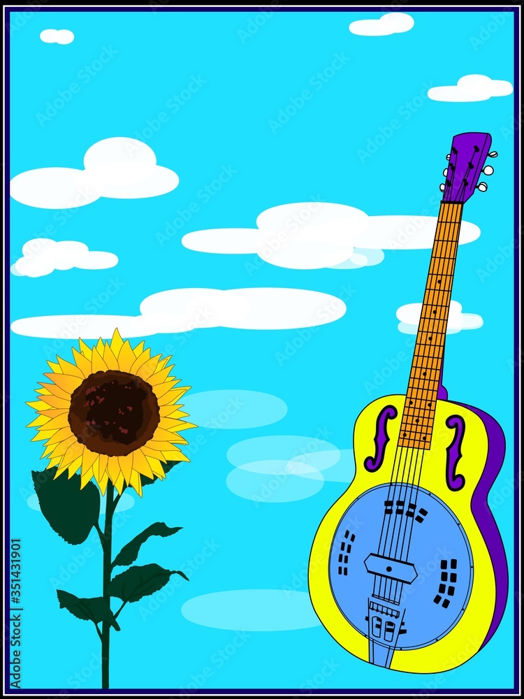 Dobro Guitar and Sunflower Poster - obrazy, fototapety, plakaty 