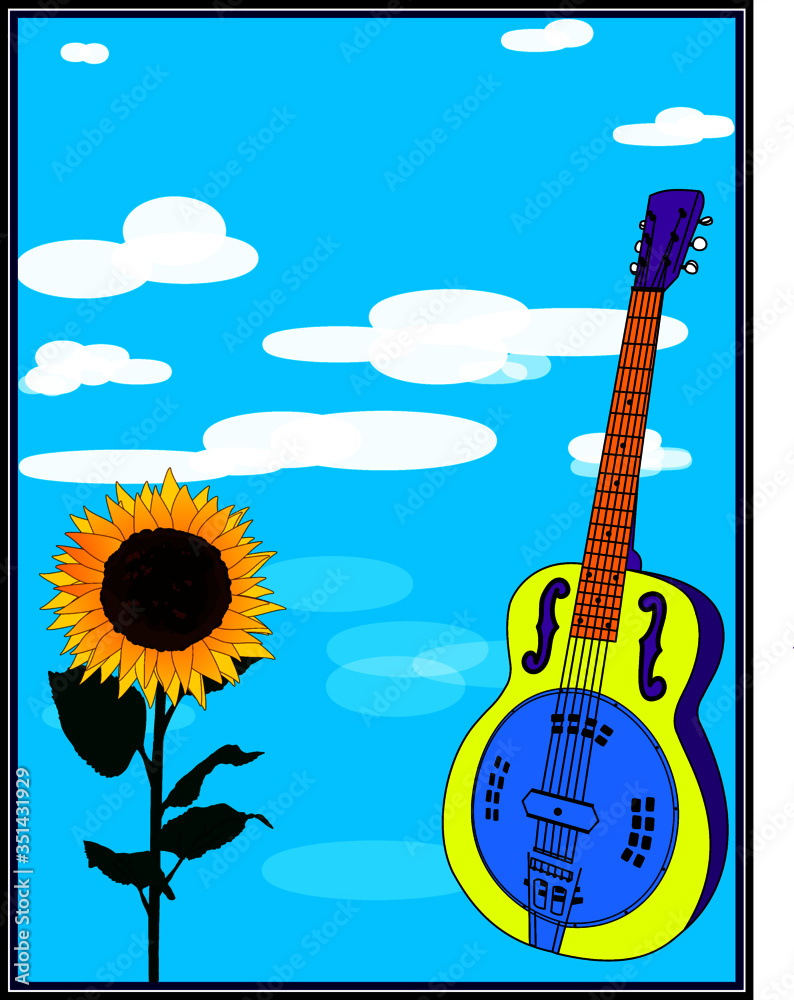 Dobro Guitar and Sunflower Poster - obrazy, fototapety, plakaty 
