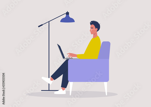 Young male character working on a laptop from home, social distancing, remote office