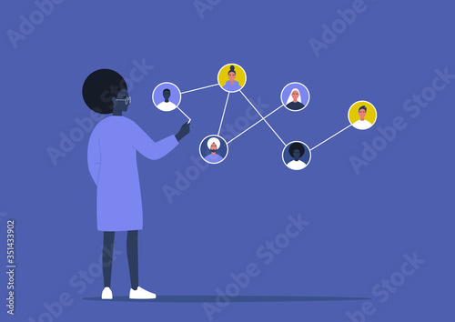 Networking concept, young black female character connecting together different members of the system