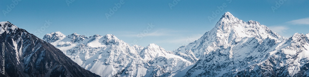 Mountains in winter. Mountain snow landscape. Mountains New Zealand.