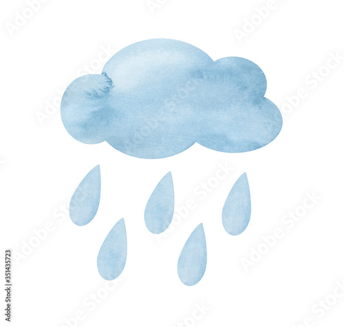 Watercolor illustration of pastel blue cloud with falling drops of rain. Hand drawn water color graphic paint on white background, cut out clipart elements for creative design, poster, banner, print.