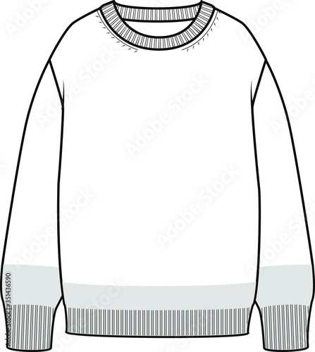 KNIT SWEATER, Fashion Flat Sketch, apparel template, vector. BASIC LONG SLEEVE SWEATER