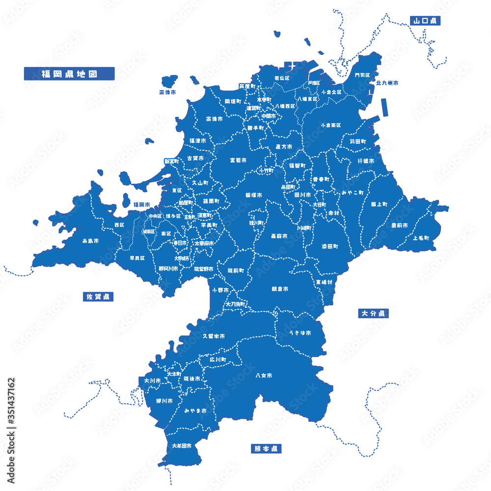 Obraz premium 福岡県地図 シンプル青 市区町村