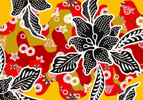 Indonesian batik motifs with very distinctive plant patterns. Batik is a wax coloring technique that is applied to a cloth, this technique originates from Indonesia. Design, Vector
