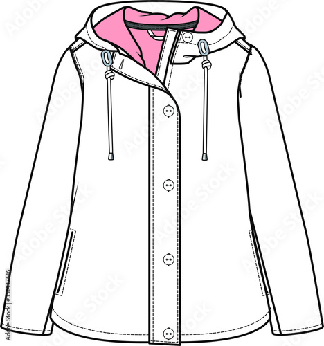 Women's coat, Fashion flat sketch. Technical drawing APPAREL template.
