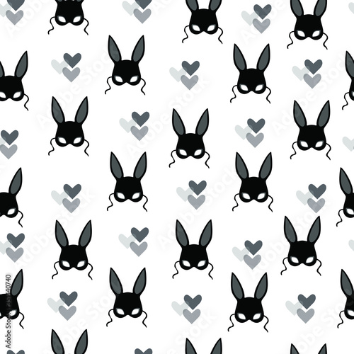 Seamless background - mask rabbit. vulgar mask pattern, vulgar print. sexy rabbit mask on a white background with hearts. sexy bunny print, vulgar toys pattern, bdsm pattern, print