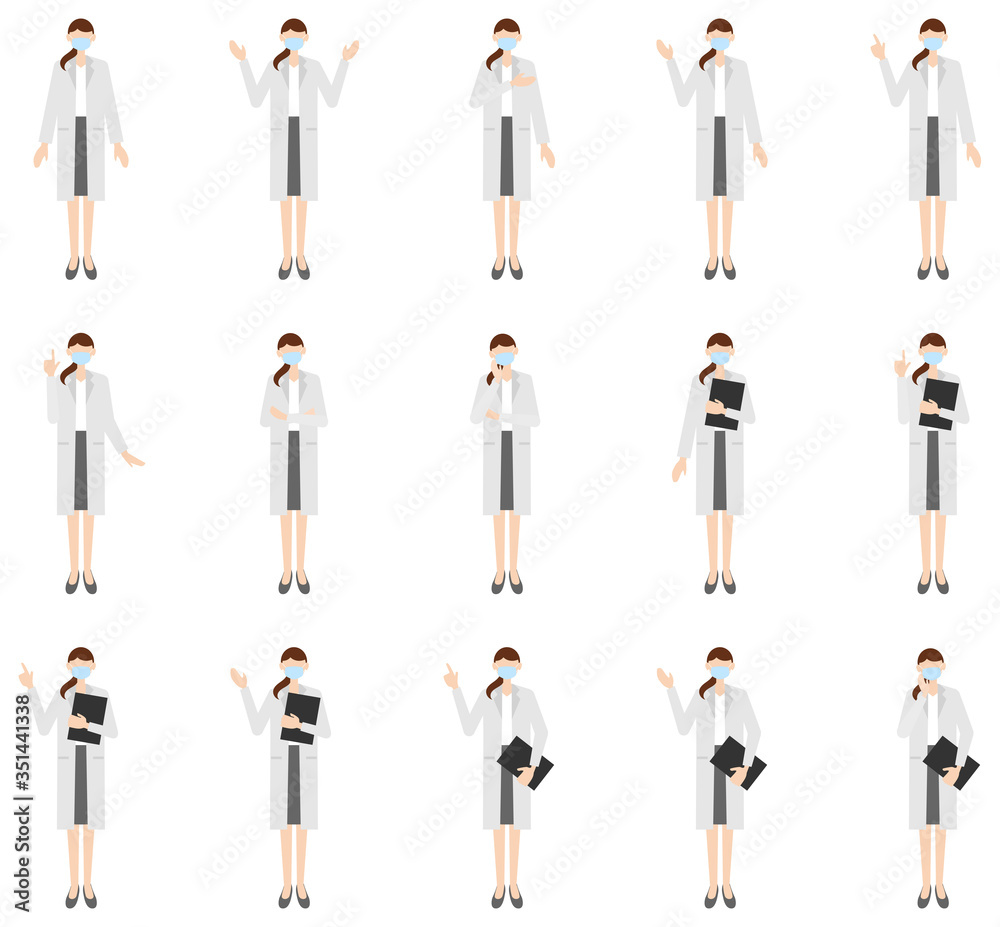 Vector image set of a female doctor in in the white coat with a mask Vector image set of a female doctor in in the white coat with a mask