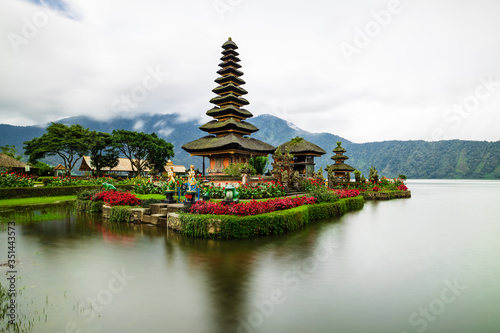 Pura Ulun Danu Bratan temple. Balinese landmark. Water reflection. Slow shutter speed. Bratan lake  Bali  Indonesia