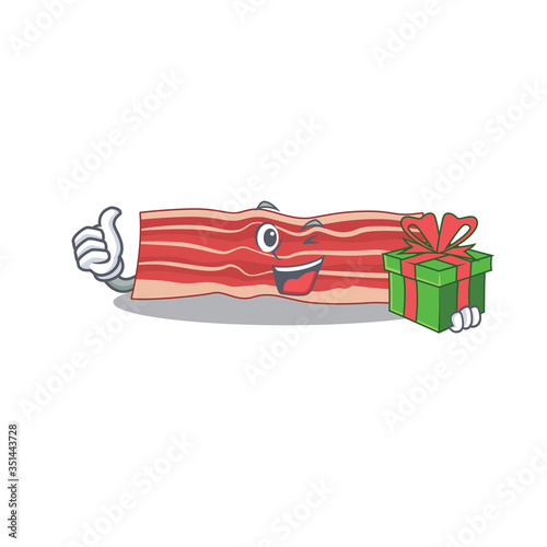 joyful bacon cartoon character with a big gift box