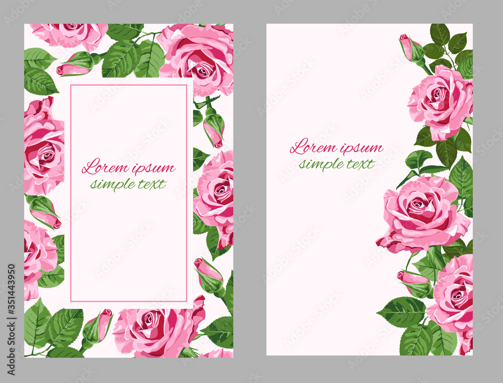 Bright pink roses greeting cards set