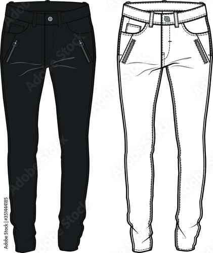 TROUSERS fashion flat sketch, apparel template vector. WOMEN'S JEANS