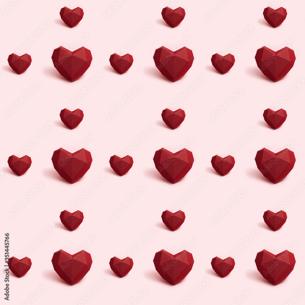 Seamless pattern with dark red polygonal paper heart on pink background. Wallpaper for Valentines Day. Love concept. Bright colors. Minimal style.