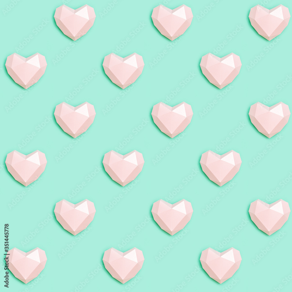 Seamless pattern with volumetric heart pink color. Summer party, birthday layout. Fun trendy fashion style. Pop art pattern.