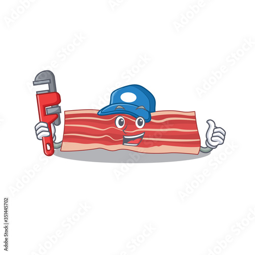 cartoon character design of bacon as a Plumber with tool