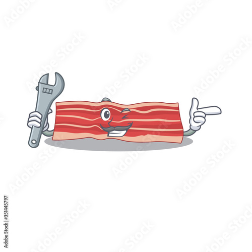 A caricature picture of bacon working as a mechanic