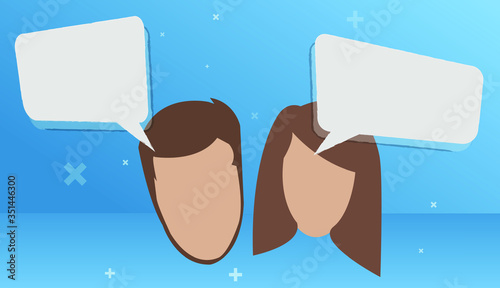 2 business people are discussing network speech bubble news on a blue background And positive symbols Concepts of communication, advertising media, business media, vector illustration
