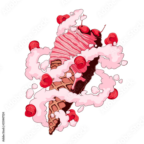 Ice cream sundae wafer cone with cherry and milk cream with sliced berry. Hand drawn vector illustration isolated on white background. Ice cream vanilla sundae in wafer cup with cherry.