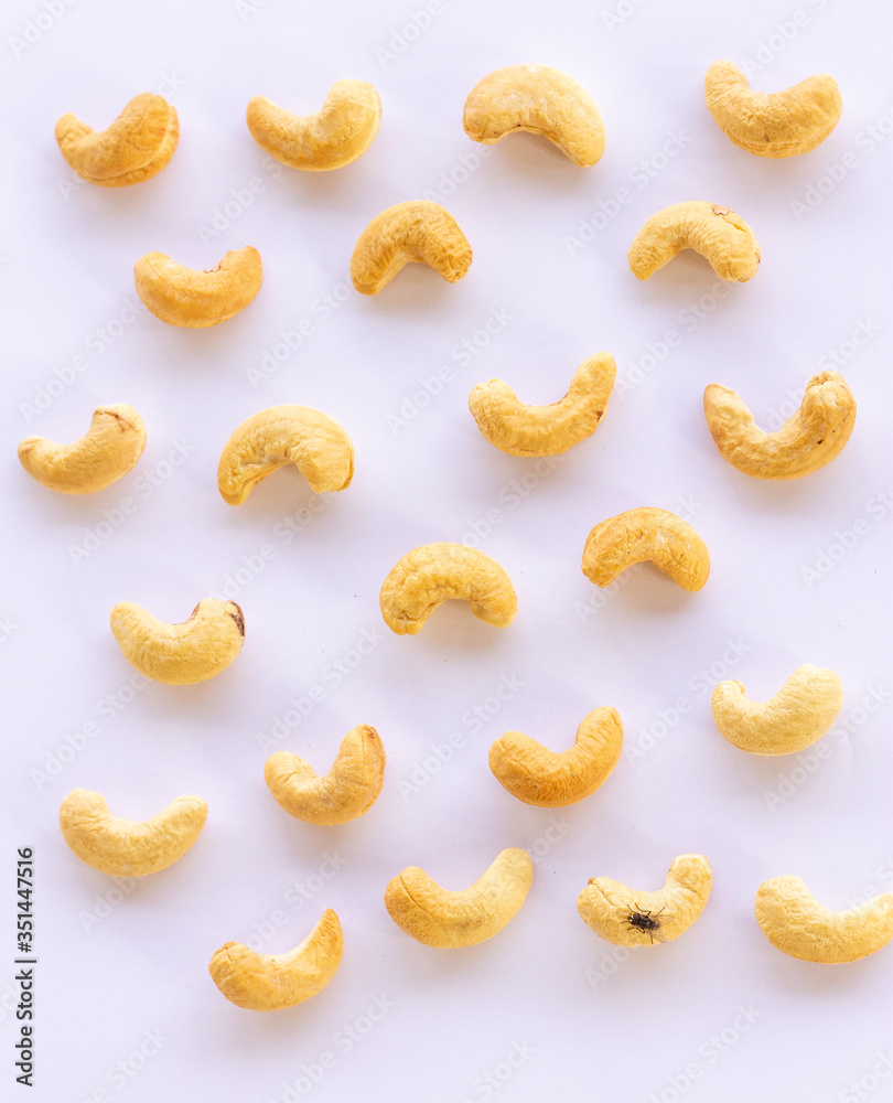 Roasted Cashew nuts and fly on it  isolated on white background with clipping path and full depth of field. Set or collection.