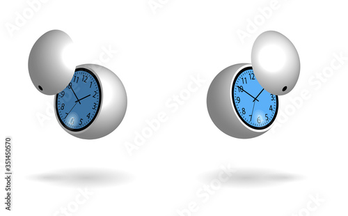 round flying sphere shaped futuristic watch with an alarm clock and a ball shaped protective panel. Blue backlight. Isolated vector on white background