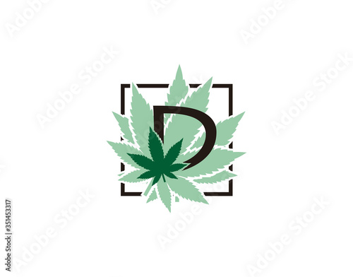 D Letter Logo Medical Canabis Leaf. Marijuana leaf with initial D on square line.
