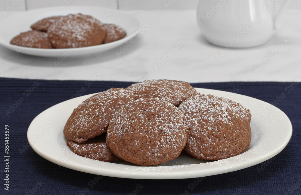 Chocolate cookies sprinkled with powdered sugar.