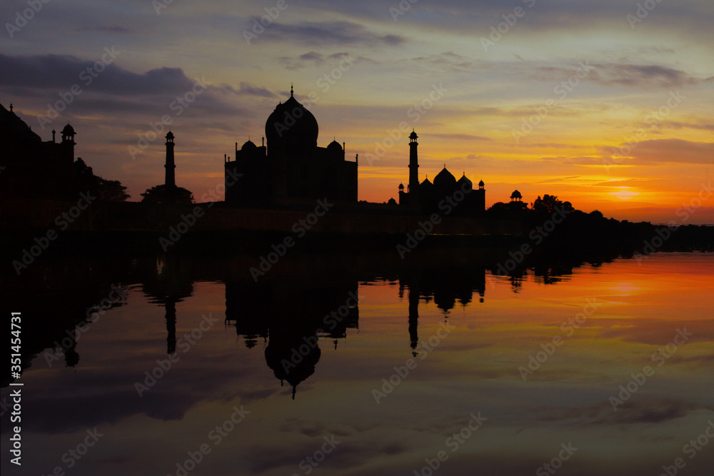 sunset on the Taj mahal mausoleum in the city of agra in the uttar pradesh province in India	