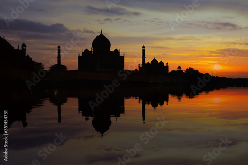 sunset on the Taj mahal mausoleum in the city of agra in the uttar pradesh province in India 