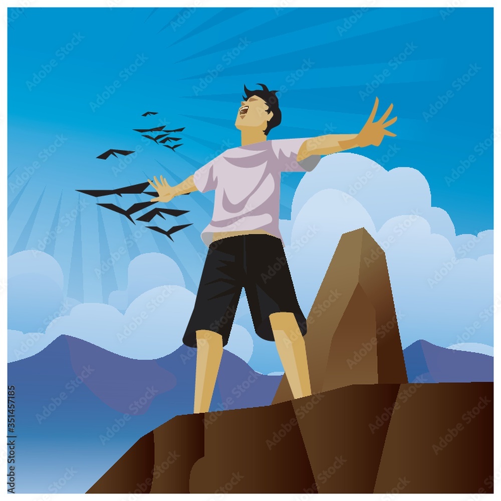 Fototapeta premium man with open arms standing on cliff