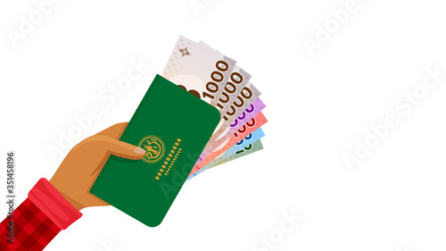 passbook and thai baht money banknote in farmer hand, bankbook farmer and bank note money thai baht, farm book and paper money for agriculturist business and finance, doae farmbook and THB currency