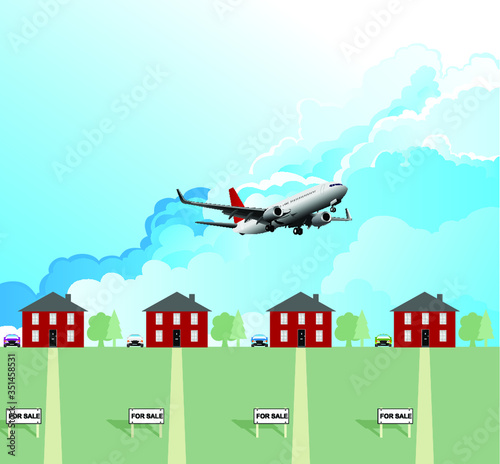 Commercial passenger plane over houses for sale on residential street having taken off from nearby airport with cloudy blue sky