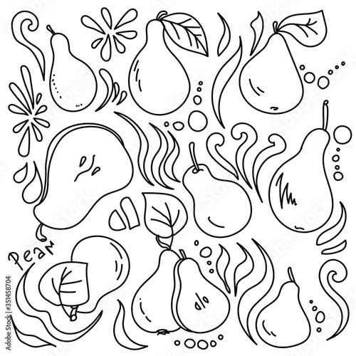 Doodle vector outline pear set for creativity and varius design, pears with leaves and different curls
