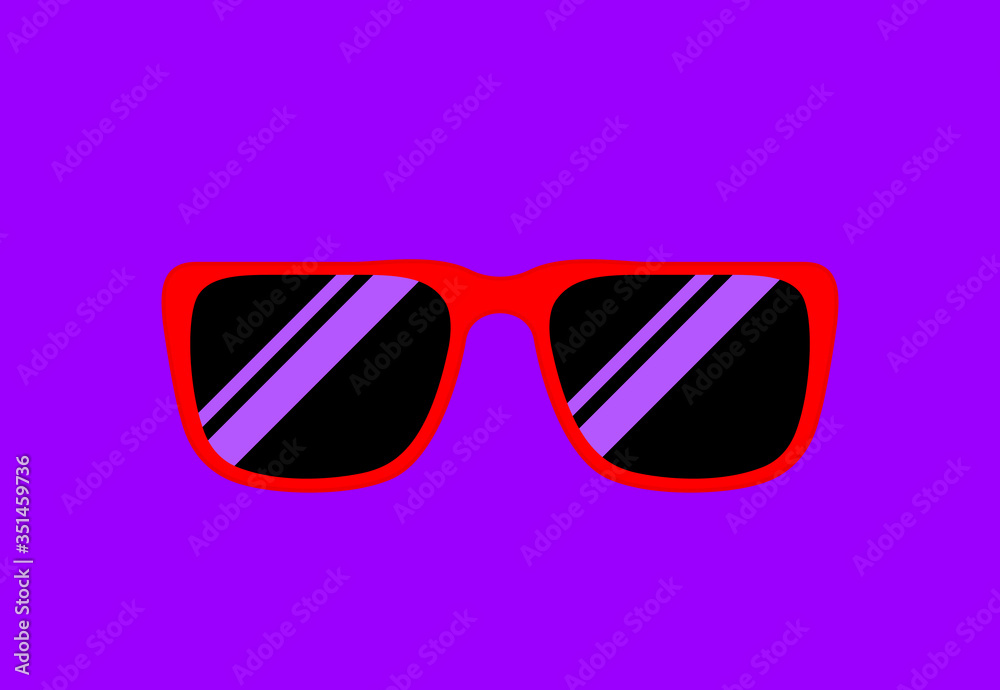 fashion glasses flat on purple banner copy space, clip art glasses single on purple background, fashionable eyeglasses for graphic sale banner discount, simple flat lay of sunglasses eyewear top view