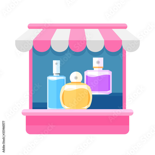 storefront pink of perfume shop isolated on white, perfume store front for symbol shop online ad, clip art perfume shop for online shopping flat icon, illustration perfume shop of infographics website