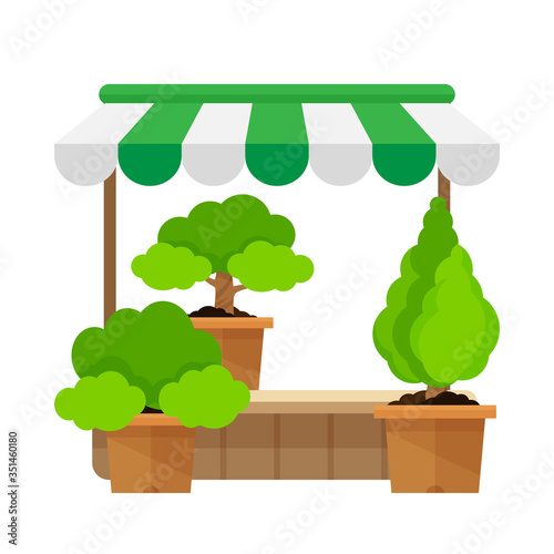 icon storefront of trees shop for sale isolated on white, florist tree shop store in potted, symbol gardening shop cartoon, illustration of floral shop potted or pergola flower pot small store