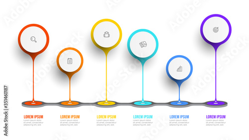 Business infographic template. Timeline with icons and 6 options or steps. Can be used for workflow layout, annual report, info graph.
