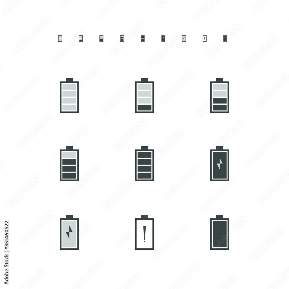Grey battery on smartphone screen icon outline vector illustrator. Power charge symbol. 128x128 pixels and 640x640 pixels. Vector illustrator.