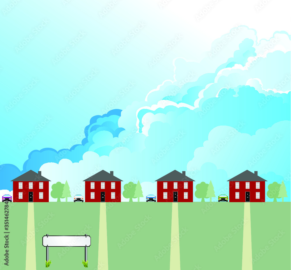 House on residential street with blank street name sign copy space for own text with cloudy blue sky House on residential street with blank street name sign copy space for own text with cloudy blue sky