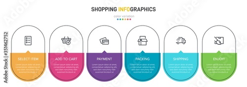 Concept of shopping process with 6 successive steps. Six colorful graphic elements. Timeline design for brochure, presentation, web site. Infographic design layout.