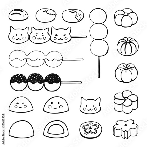 Hand drawn Japanese desserts, sweets: dango, mochi, wagashi. Vector illustration on a white background.