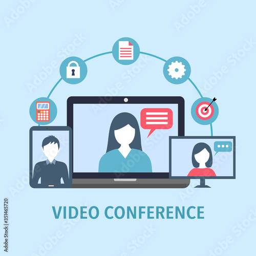 Video conference concept vector illustration. Webinar online training education flat design. Businesswoman and businessman on video conference via computer and tablet. Online meeting.