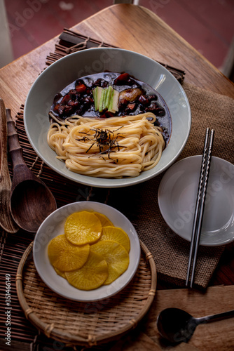 janggyeon with sauce, jajang jang, black bean sauce noodles