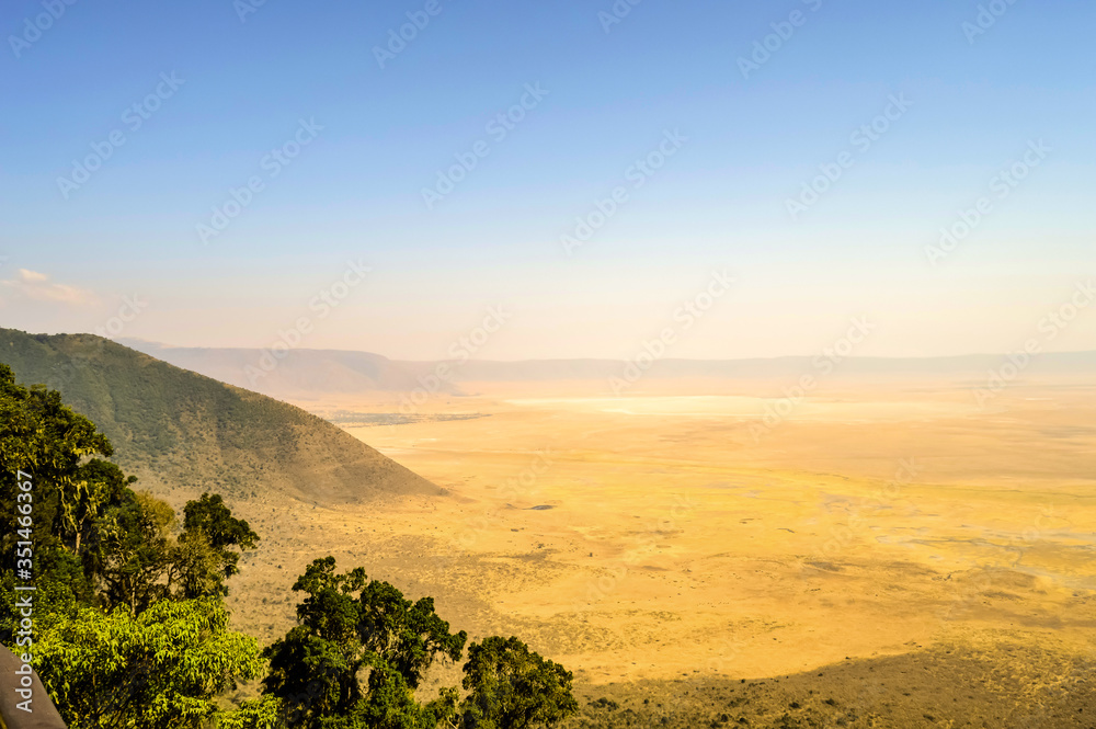 Elevated view of the ground of the Ngorongoro crater from the southern edge of the crater.