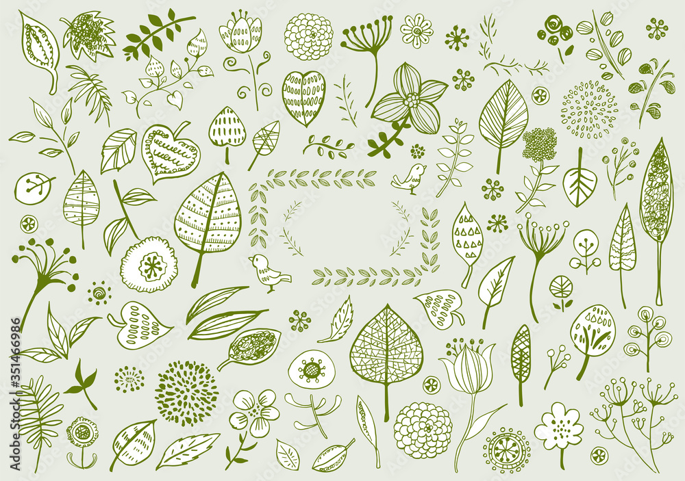線画 北欧風 イラスト かわいい 手書き 挿絵 ベクター 花 木 葉 植物 緑 リーフ Stock Vector Adobe Stock