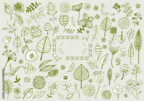 線画 北欧風 イラスト かわいい 手書き 挿絵 ベクター 花 木 葉 植物 緑 リーフ Stock Vector Adobe Stock