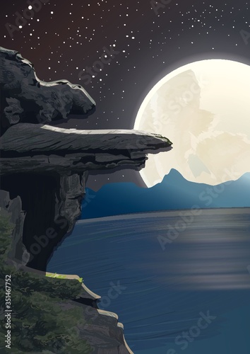 rock cliff and full moon