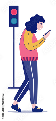 Woman with smartphone crosses road at red light. Girl distracted by message and provoked car accident. Pedestrian Safety, Traffic Rules, Internet Addiction Disorder Risks - Isolated illustration